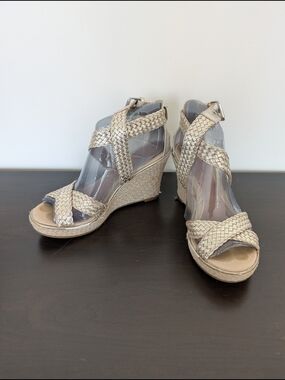 Woven Metallic Beige Wedge Sandals - Women's